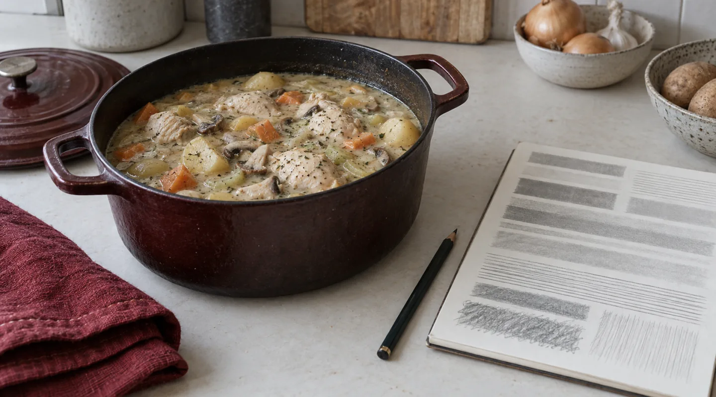 Cocotte en fonte grenat remplie d’un mijoté de volaille et de légumes, posée près d’un document imprimé et d’un crayon
