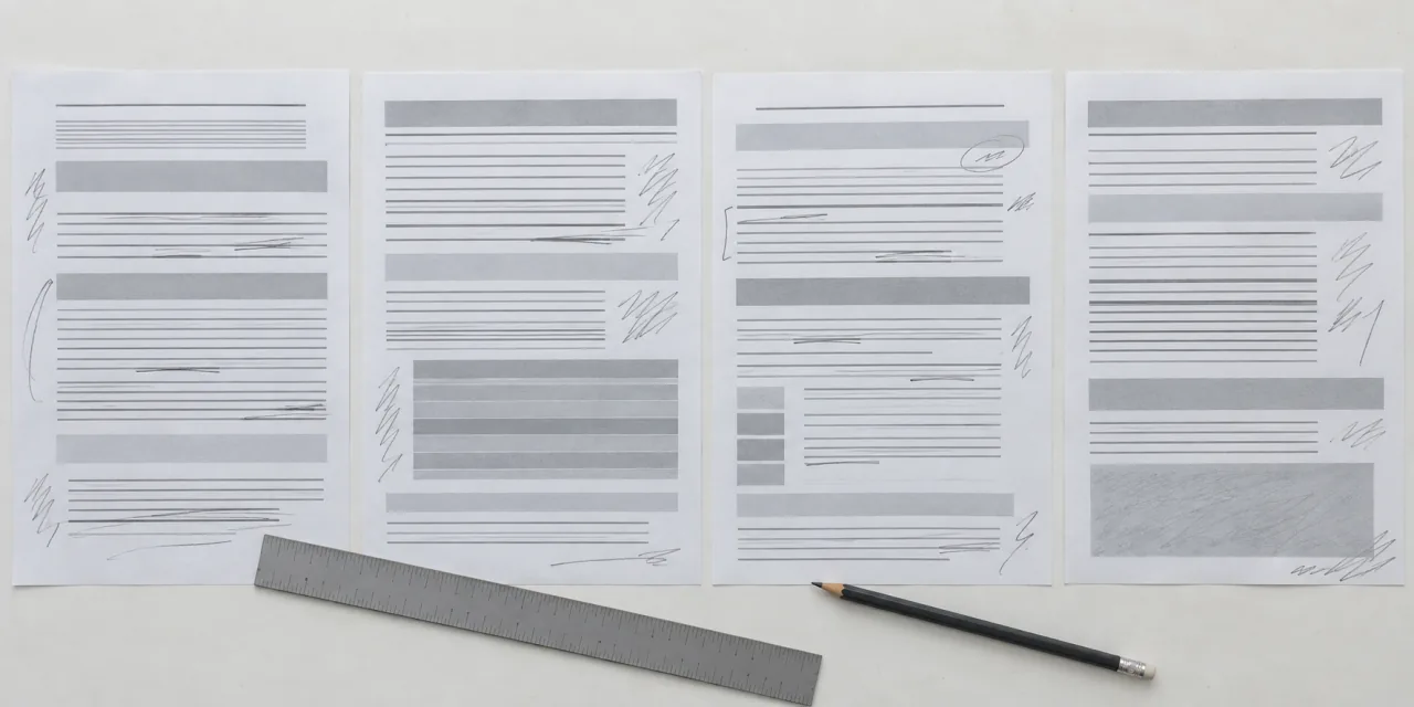 Quatre pages imprimées alignées côte à côte, annotées au crayon, une règle et un crayon posés devant elles