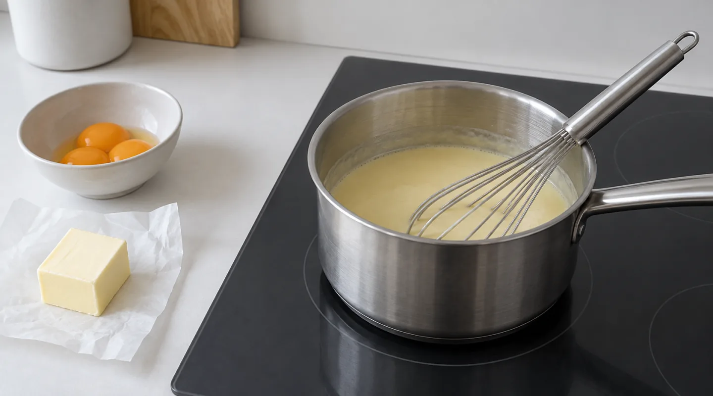Casserole en inox contenant une émulsion claire, fouet posé dedans, avec un bol de jaunes d’œufs et un morceau de beurre à côté