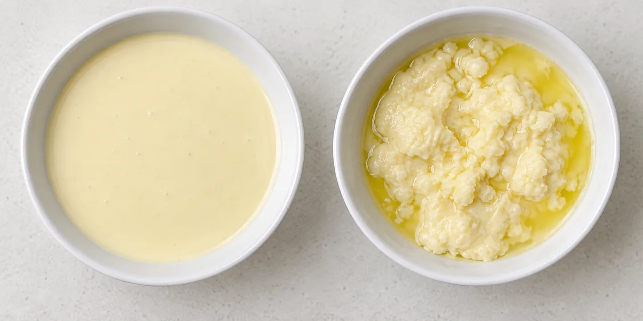 Deux bols blancs côte à côte : à gauche une sauce lisse et homogène, à droite une sauce tranchée et granuleuse avec du gras séparé