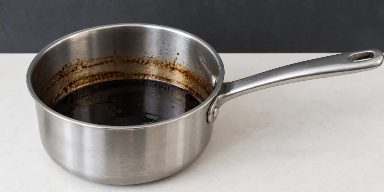 Petite casserole en inox contenant une réduction sombre au fond, avec une trace de niveau séchée sur la paroi