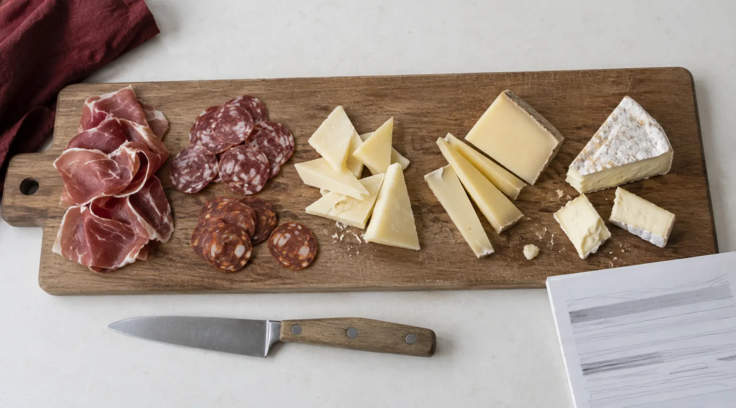Planche en bois garnie de charcuterie tranchée et de morceaux de fromage, un couteau posé devant elle