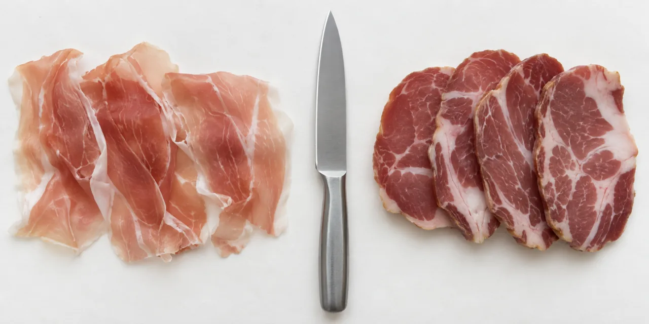 Deux lots de charcuterie séparés par un couteau : à gauche des tranches fines et translucides, à droite des tranches nettement plus épaisses