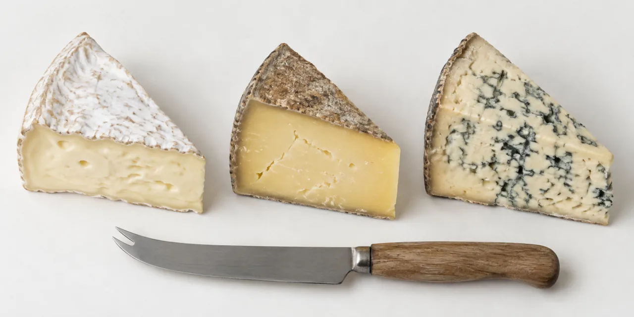 Trois portions de fromage à pâtes différentes, coupées du cœur jusqu’à la croûte, un couteau à fromage posé devant