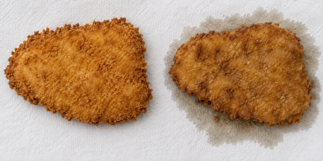 Deux pièces panées côte à côte sur du papier : à gauche une croûte nette et sèche, à droite une panure affaissée avec une auréole humide