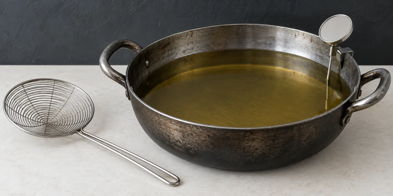 Bain d’huile parfaitement immobile dans une sauteuse à bord haut, thermomètre fixé au bord et écumoire posée à côté