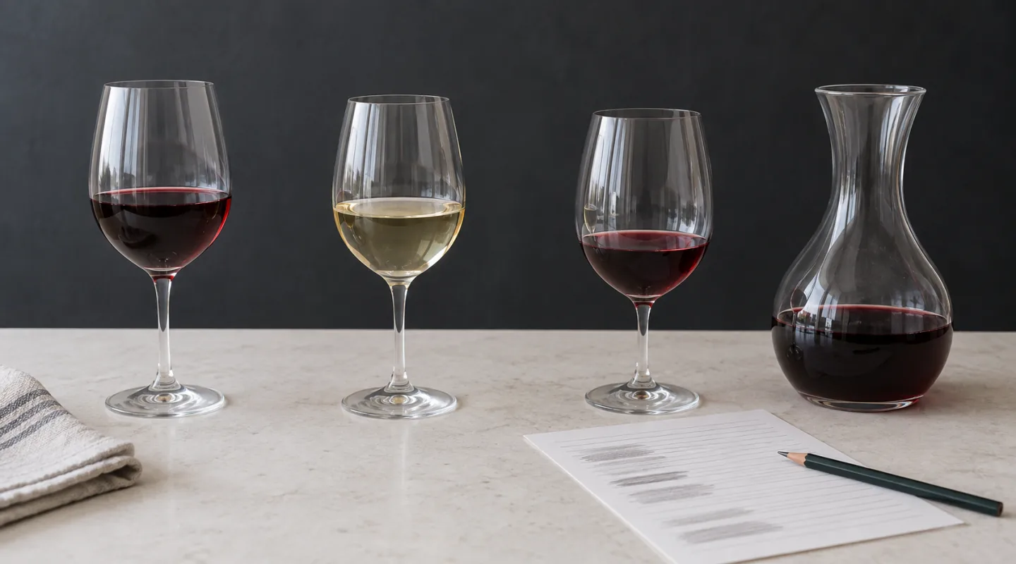 Trois verres à pied contenant du vin rouge et du vin blanc, alignés près d’une carafe sans étiquette sur un plan de travail