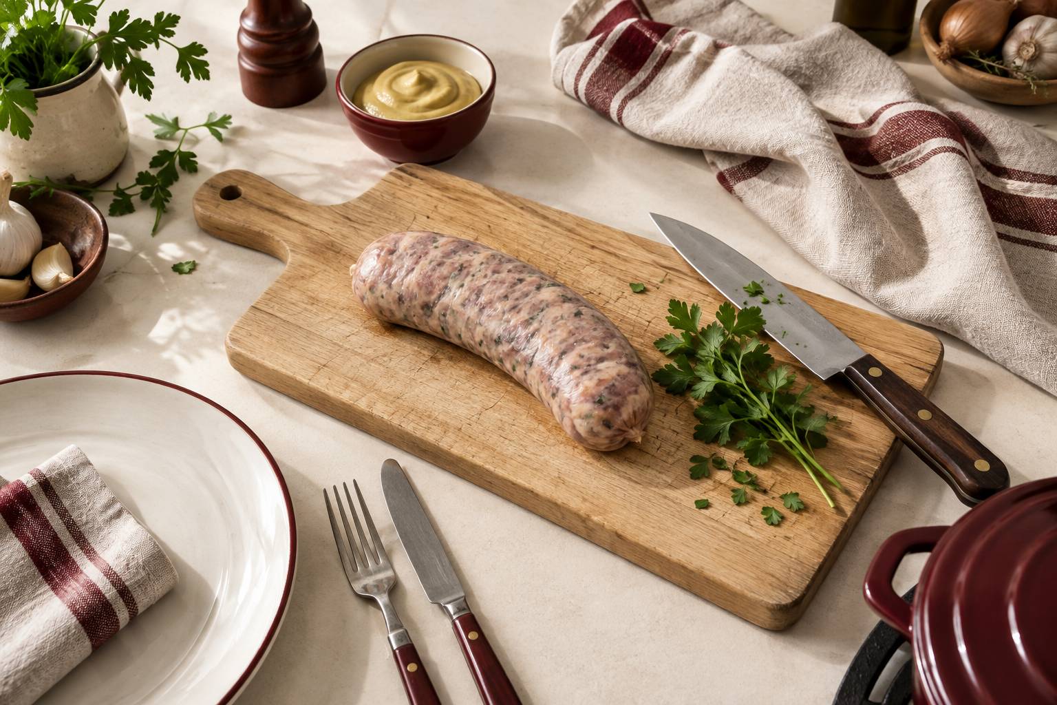 Andouillette fraiche sur une planche de cuisine avec moutarde et persil