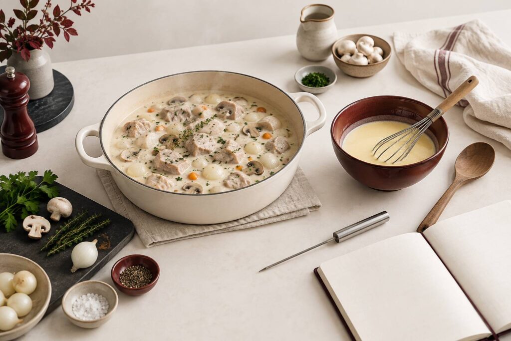 Illustration éditoriale du sujet : Blanquette de veau : la cuisson qui ne fait pas grainer
