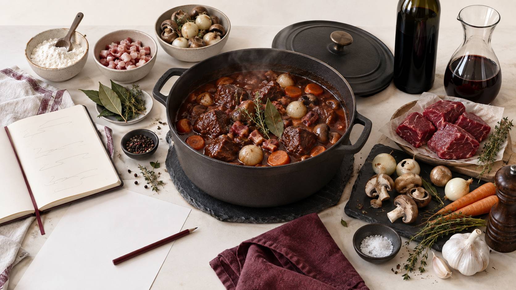 Illustration éditoriale du sujet : Bœuf bourguignon : les versions publiées se contredisent où