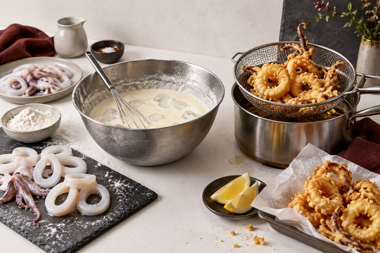 Illustration éditoriale du sujet : Calamars tempura : la pâte qui reste croustillante