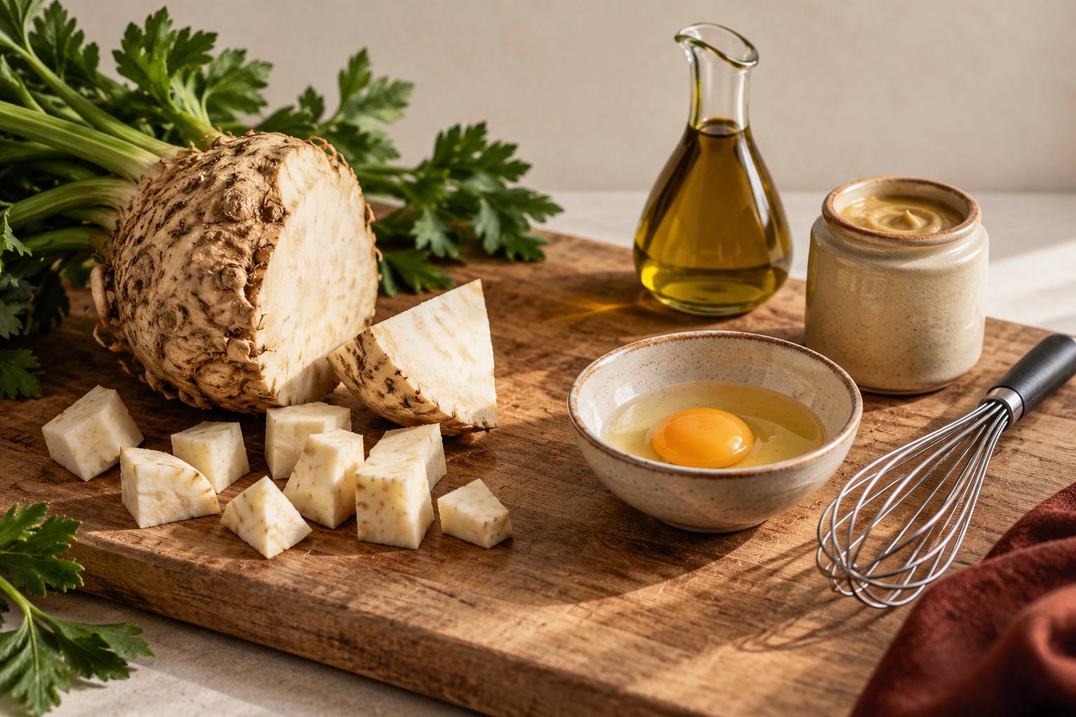 Ingredients du celeri remoulade sur un plan de travail : celeri-rave, oeuf et moutarde