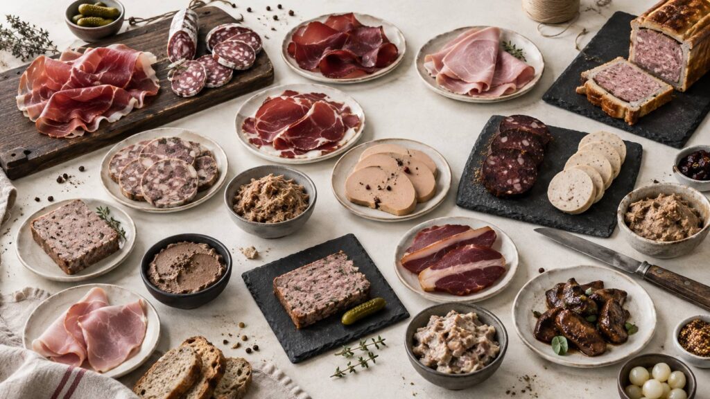 Illustration éditoriale du sujet : Charcuteries françaises : le guide des vingt classiques