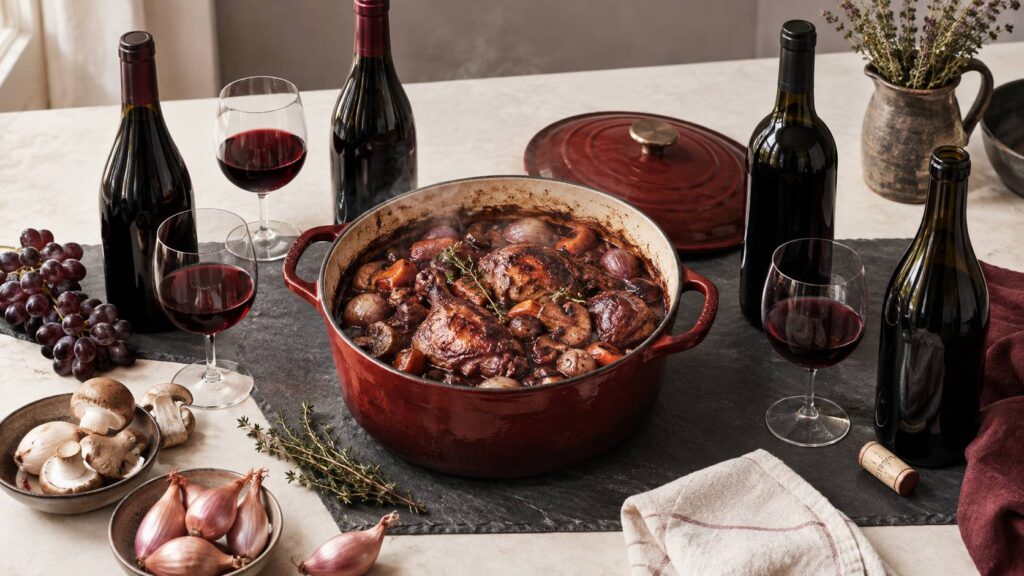 Illustration éditoriale du sujet : Coq au vin : quel vin rouge utiliser et pourquoi