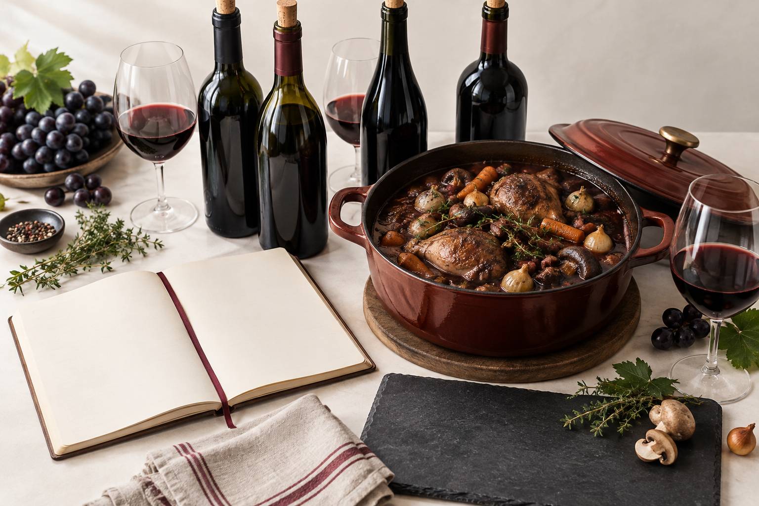 Illustration éditoriale du sujet : Coq au vin : quel vin rouge utiliser et pourquoi