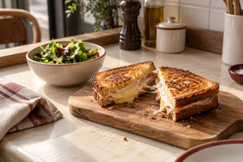 Croque-monsieur dore coupe en deux sur une planche de bois clair