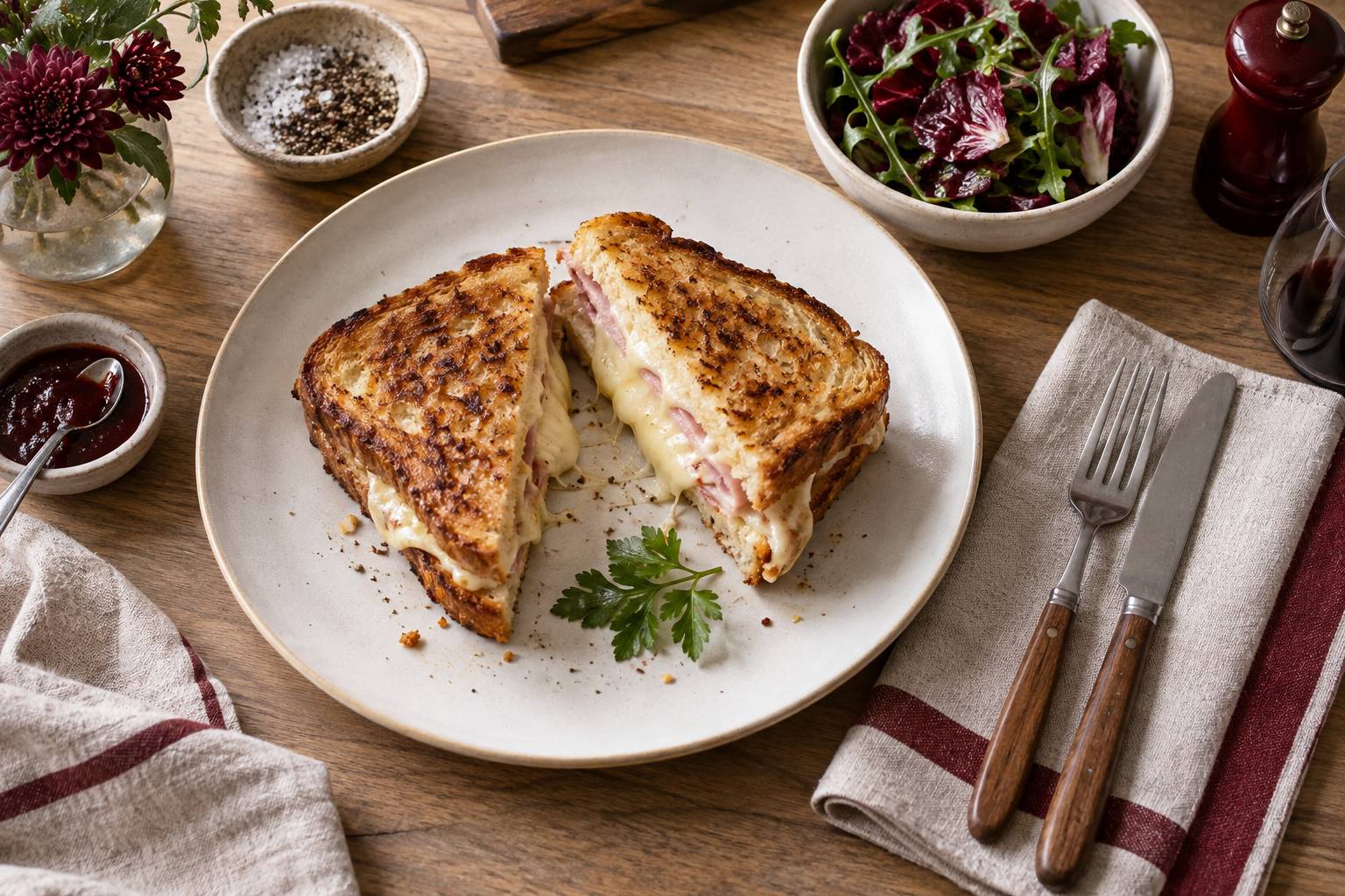 Sandwich grille au jambon et fromage fondu dans une assiette blanche