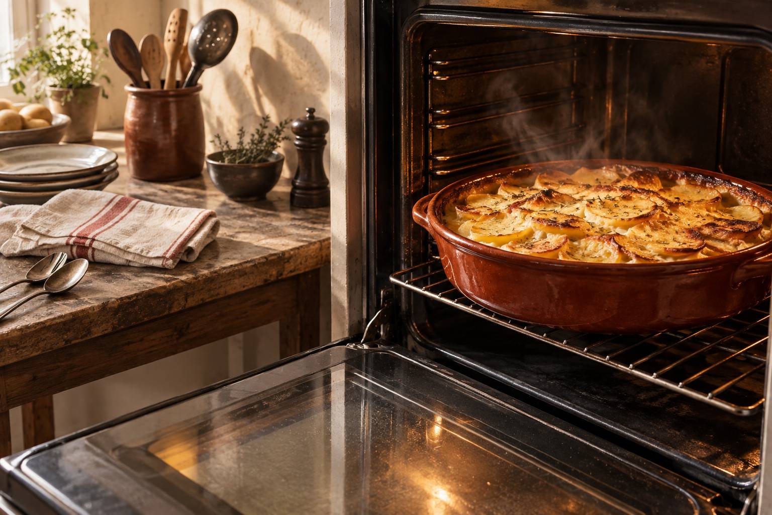 Gratin dore au four dans un plat en terre cuite avec torchon plie