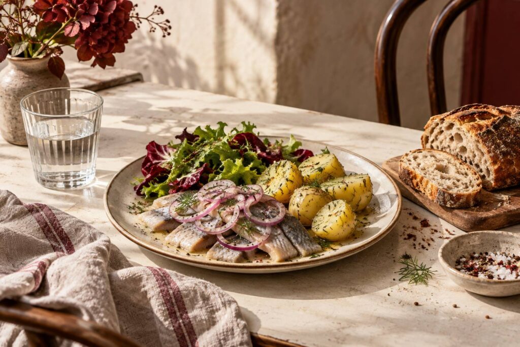 Assiette de harengs pommes a l'huile servie sur une table de bistrot