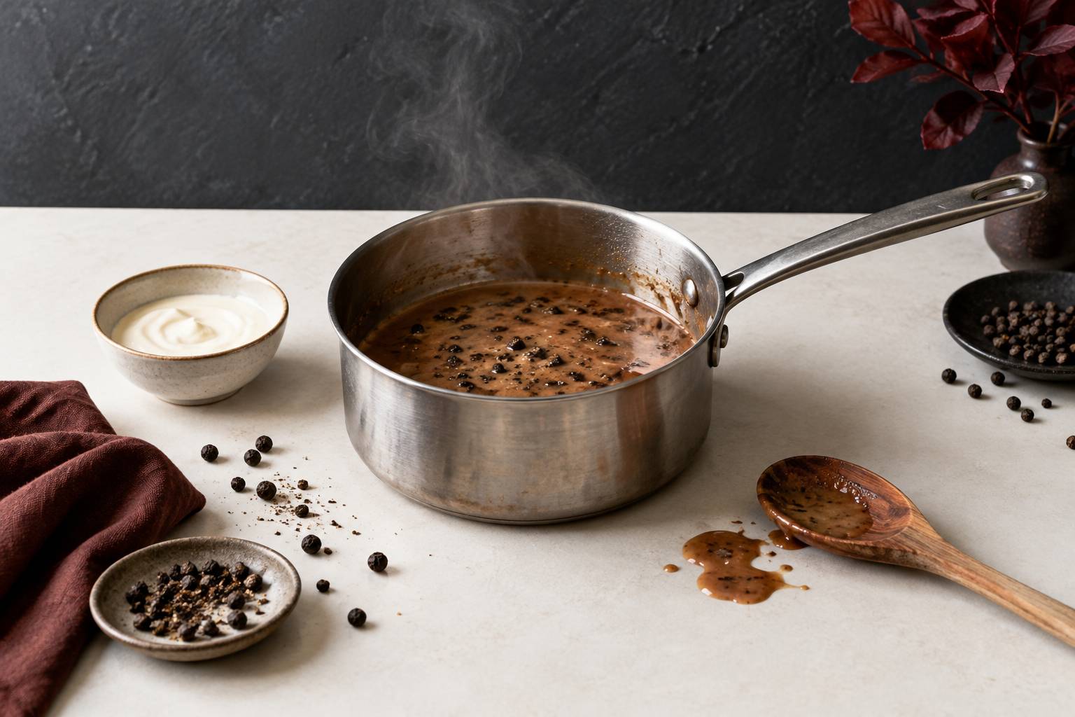 Illustration éditoriale du sujet : Sauce au poivre : réduire sans laisser d'amertume