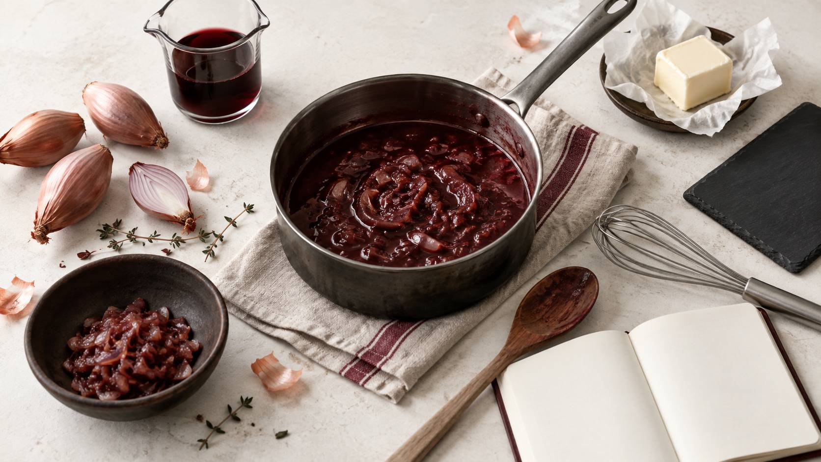 Illustration éditoriale du sujet : Sauce échalote au vin rouge : proportions et timing