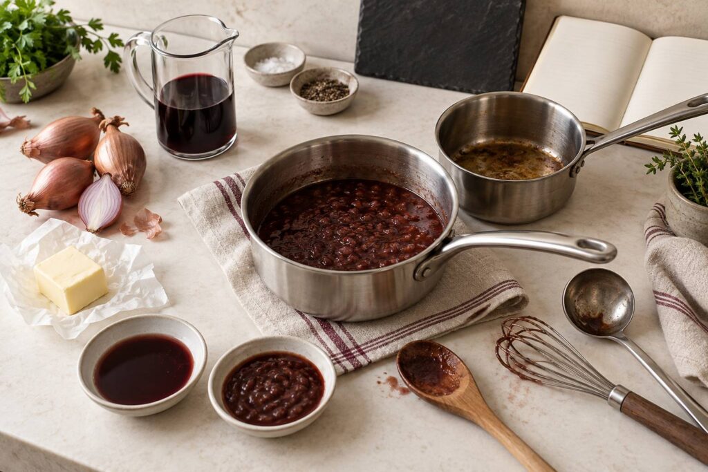 Illustration éditoriale du sujet : Sauce échalote au vin rouge : proportions et timing