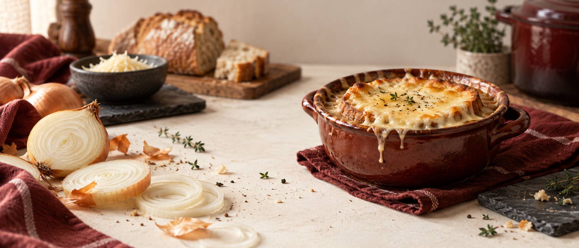 Soupe a l'oignon gratinee dans un bol en ceramique sur une table rustique
