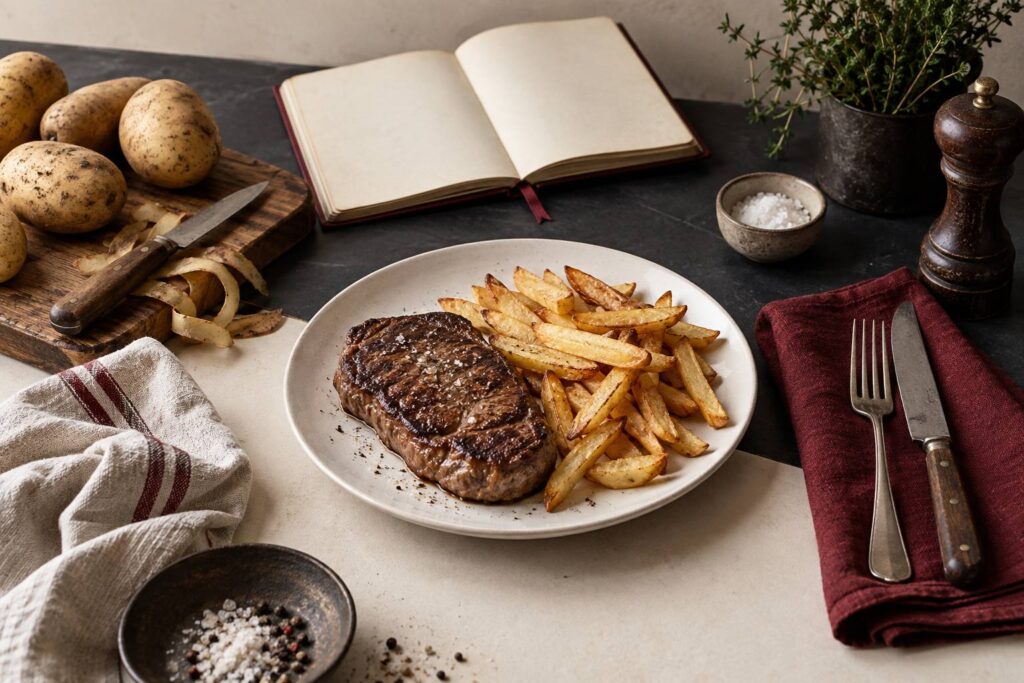 Illustration éditoriale du sujet : Steak frites : depuis quand ce plat existe-t-il vraiment