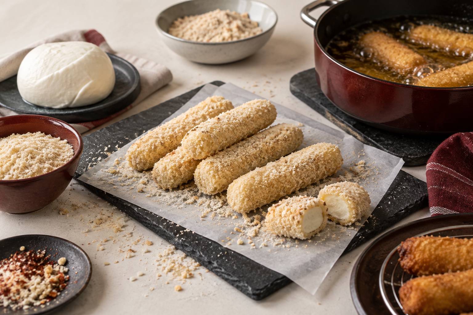 Illustration éditoriale du sujet : Sticks de mozzarella : empêcher le fromage de fuir