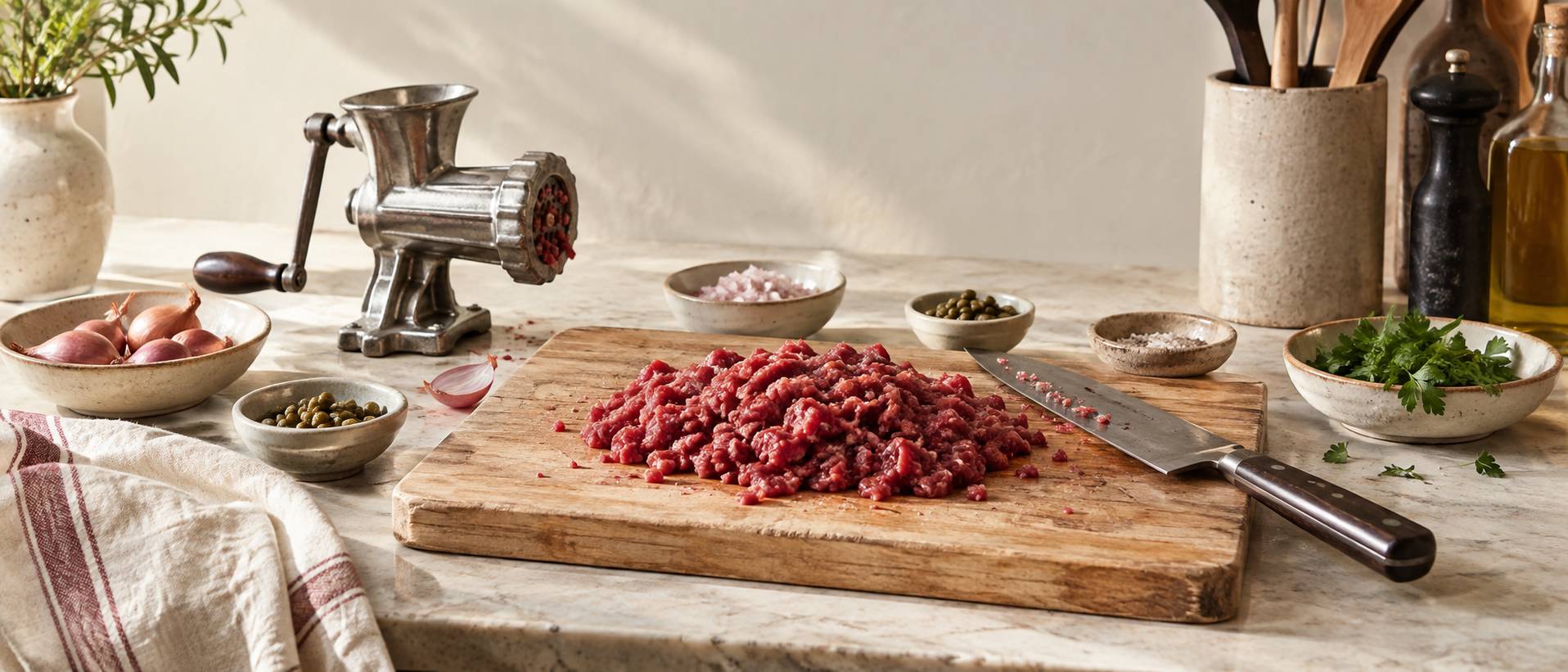 Bœuf cru coupé au couteau sur une planche avec coupelles de condiments