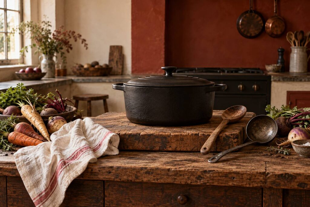 Cocotte en fonte sur un billot en bois dans une cuisine de bistrot