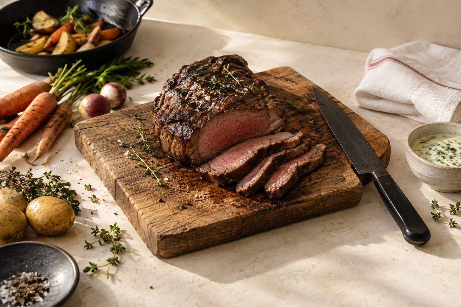 Viande cuite sur une planche et bol de sauce froide aux herbes