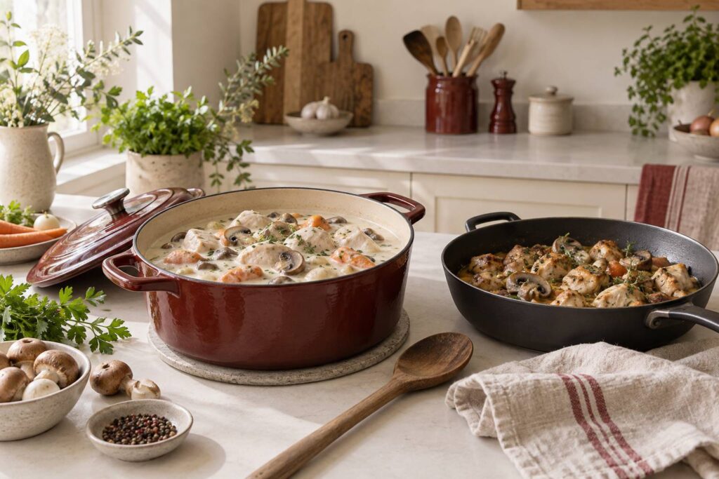 Cocotte de blanquette cremeuse et sauteuse de fricassee en cuisine