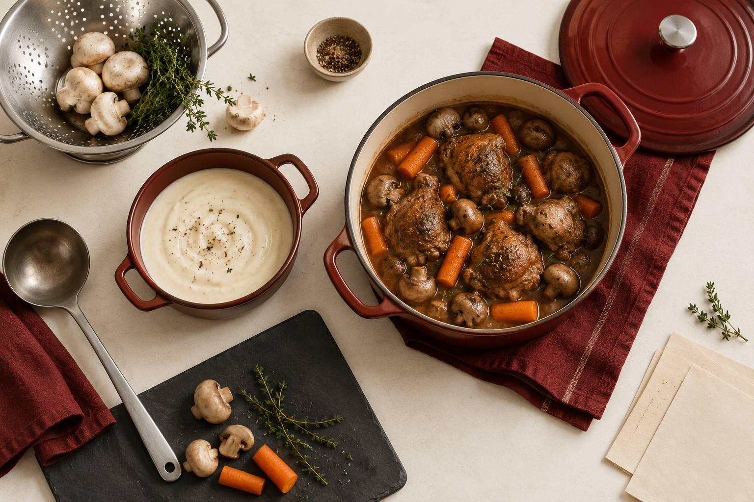 Plan de travail avec sauce blanche, jus brun, champignons et carottes