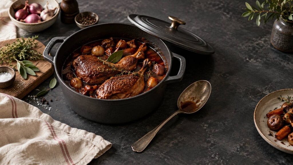 Plat mijoté générique à base de canard et cuillère de service sur un plan de cuisine
