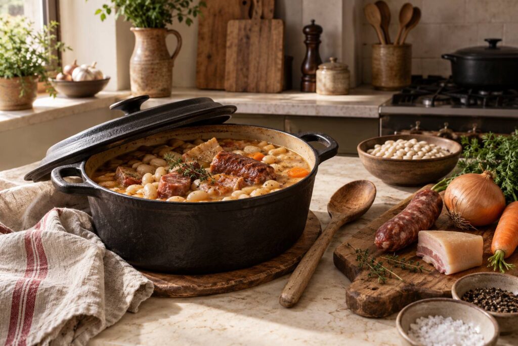 Cocotte en fonte de haricots blancs mijotés sur un plan de cuisine rustique