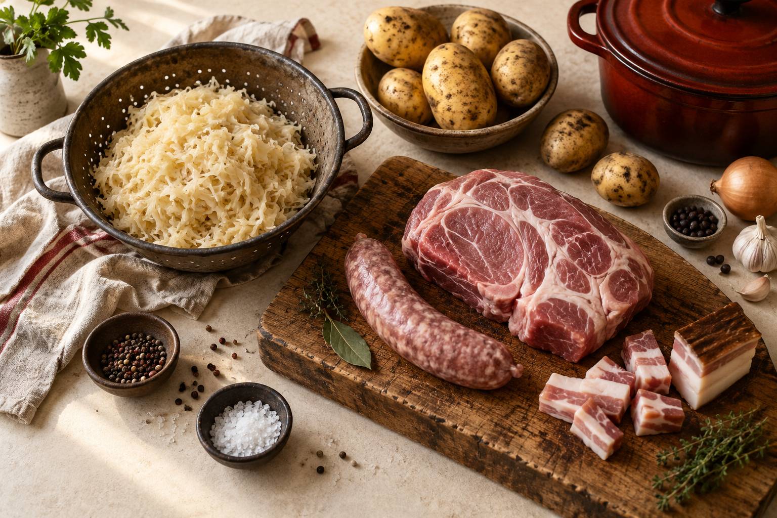 Chou fermenté, saucisse et palette de porc sur un plan de travail