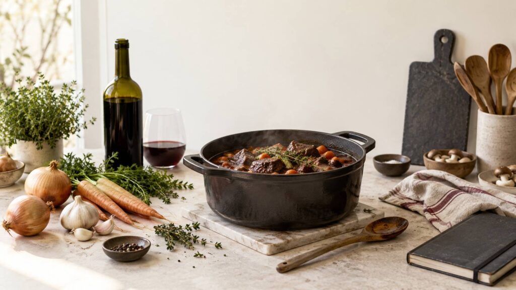 Casserole de viande mijotée avec carottes, oignons et herbes sur un plan de travail