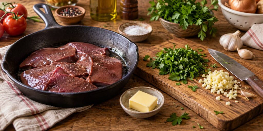 Tranches de foie de veau dans une poêle avec persil et ail hachés