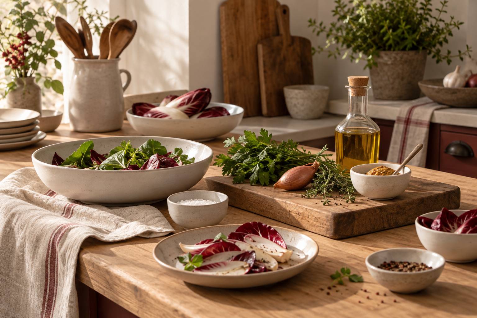 Planche en bois avec herbes, echalote et condiments pour une vinaigrette