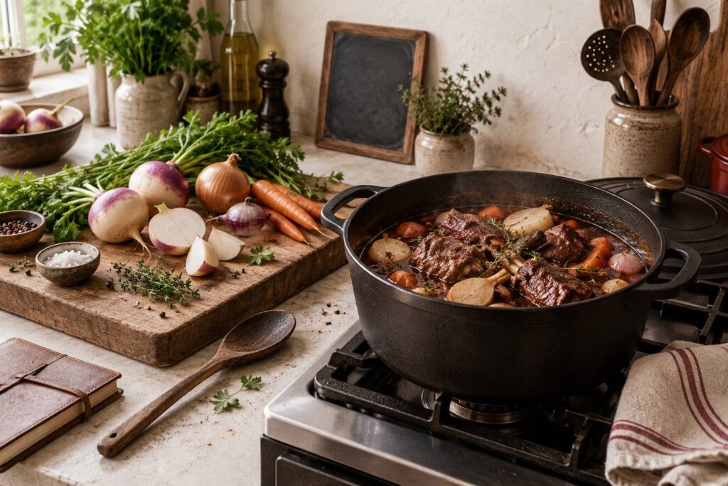 Cocotte en fonte de ragoût d'agneau avec navets dans une cuisine
