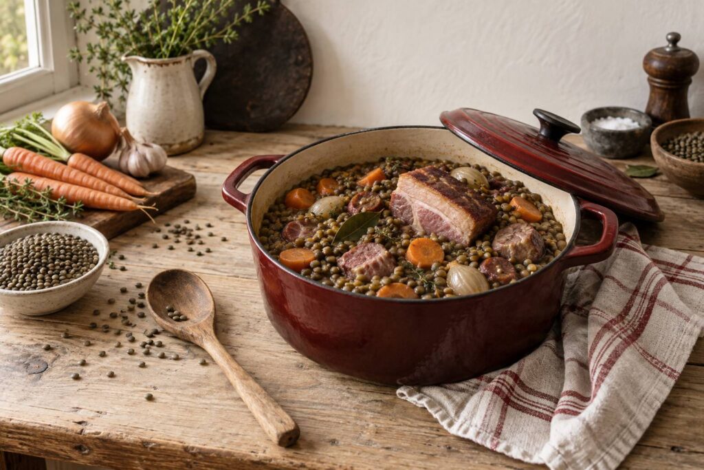 Cocotte de petit sale aux lentilles vertes avec carottes et lard fume