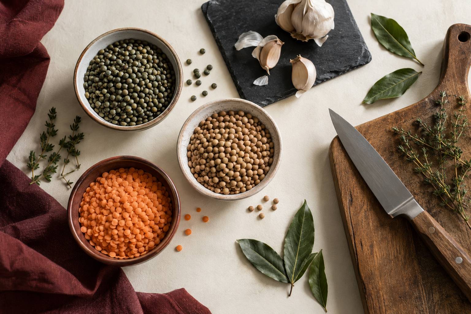 Trois varietes de lentilles dans des coupelles avec aromates sur un plan de travail