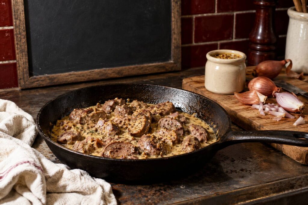 Poêle de rognons à la moutarde avec pot de moutarde et échalotes