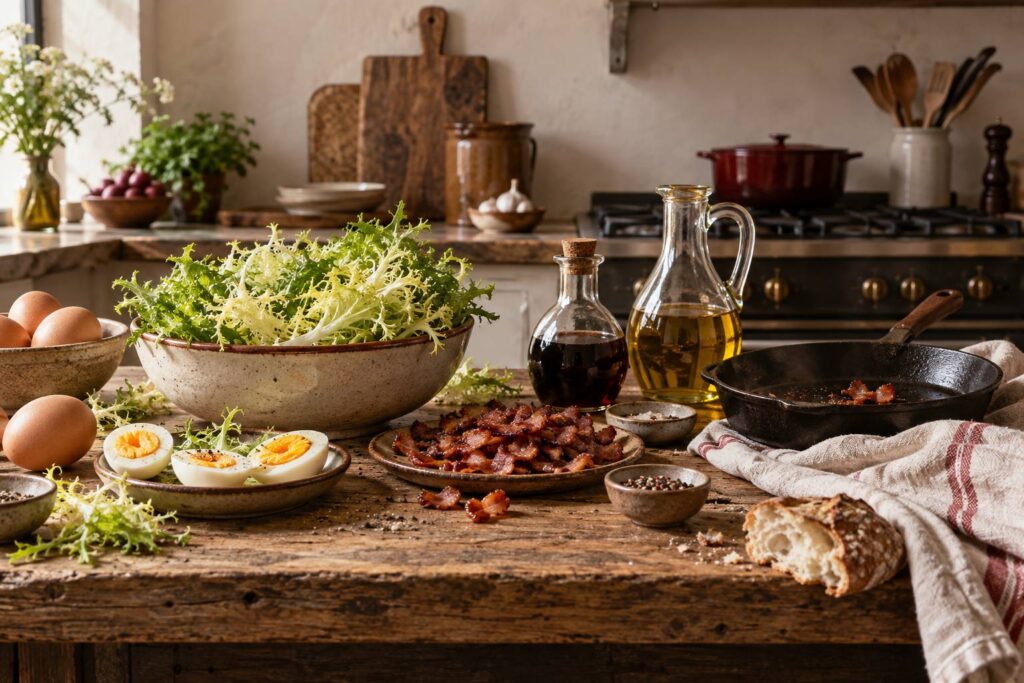 Cuisine de bistrot avec salade frisee, lardons et oeufs