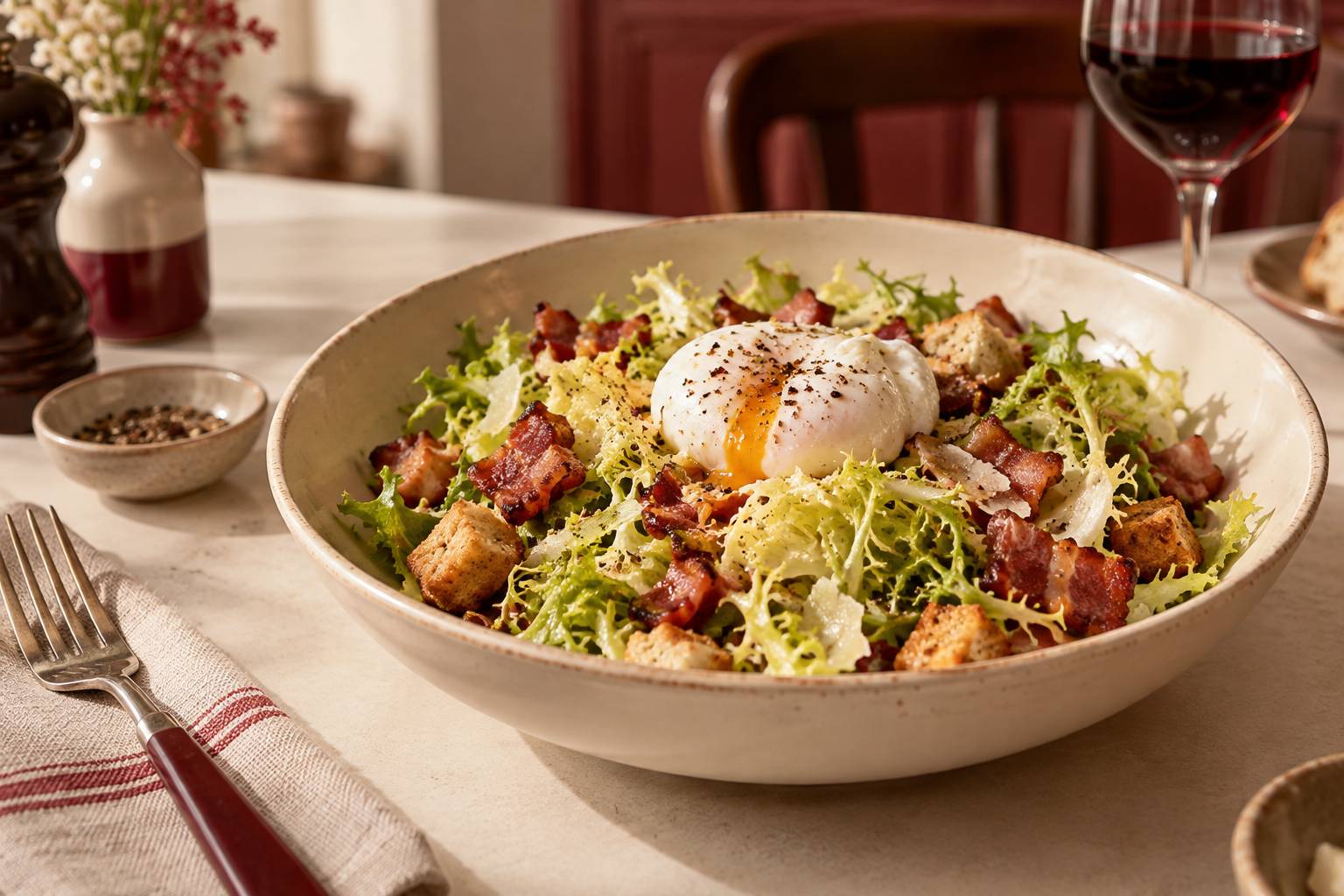 Salade frisee aux lardons avec oeuf poche et croutons